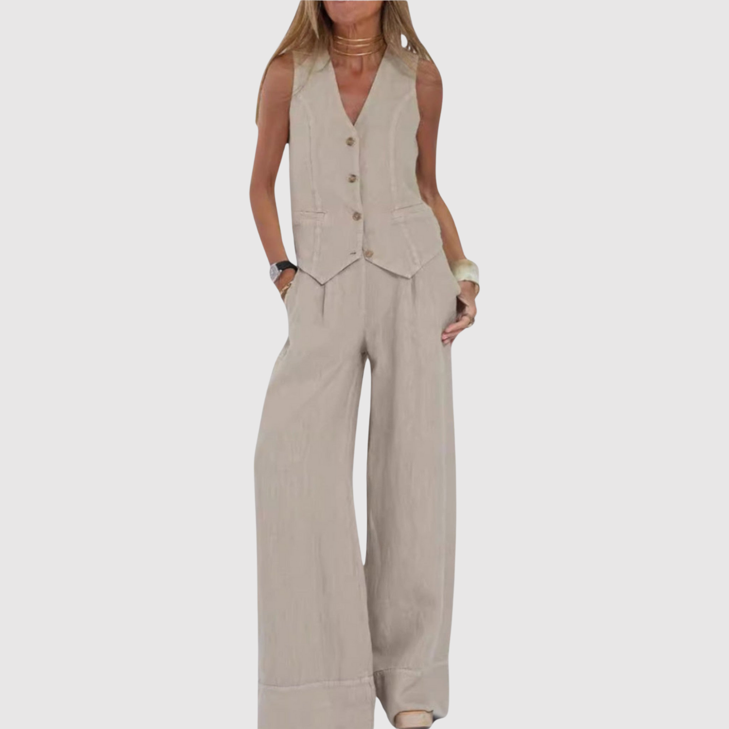 Natálie – Bezramenný komplet z overalu v lehkém materiálu