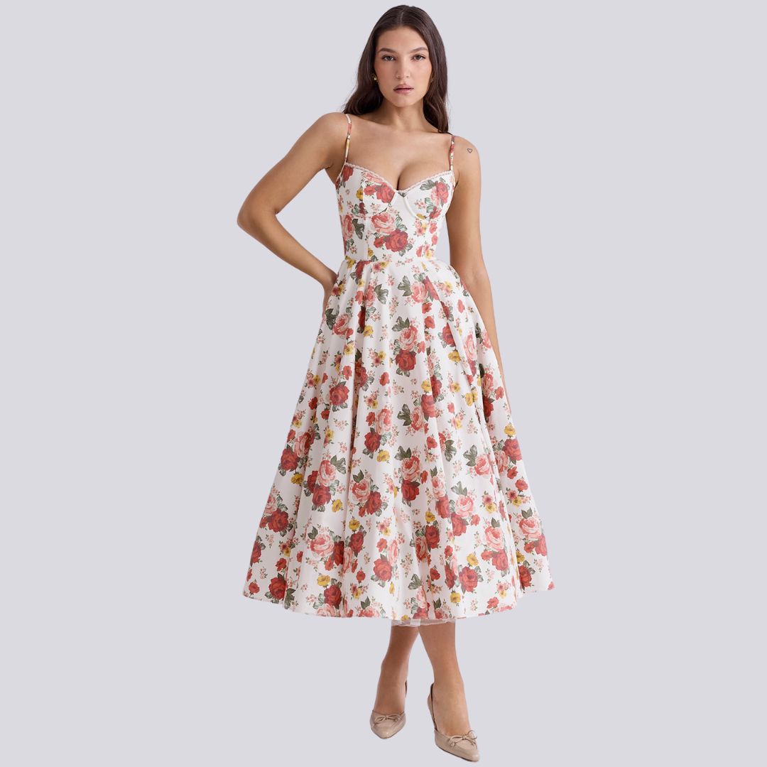 Eliška – Midi šaty srdcového výstřihu a efektem rozmachu